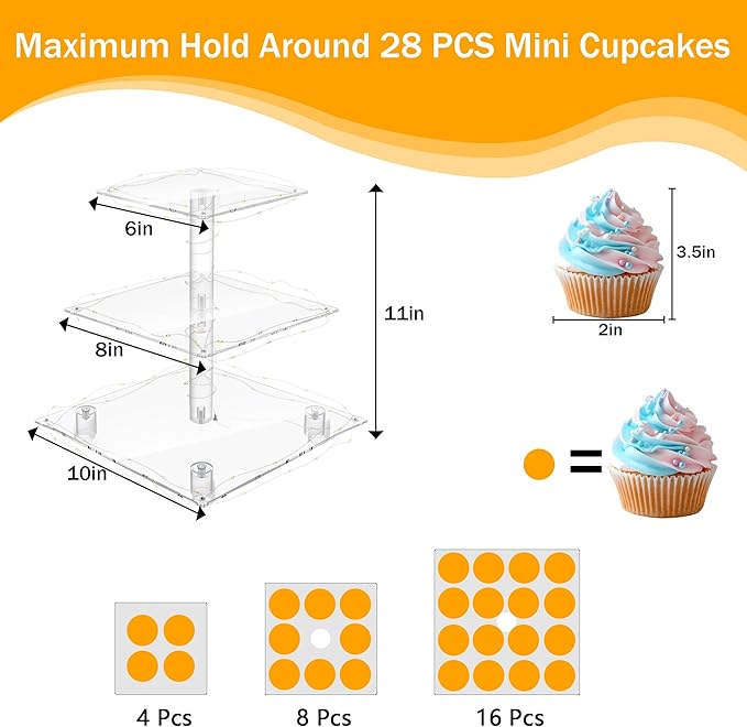 YestBuy 3 Tier Clear Square Cupcake Stand - Premium Cupcake Holder - Acrylic Cupcake Tower Display - Candy Bar Party Décor + LED Light String - Ideal for Weddings, Birthday Parties (Yellow Light)