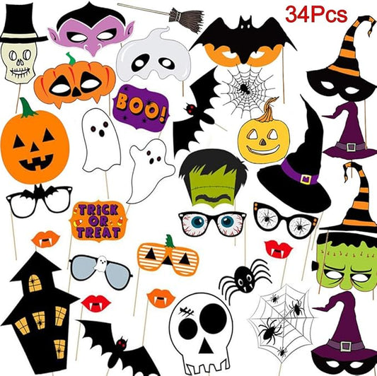 Halloween Photo Booth Props Kit, 34 Pieces DIY Vintage Scary Party Supplies with Vampire Skull Witch Photography Decoration Kit for Adults Dress Up Accessories Costumes Props