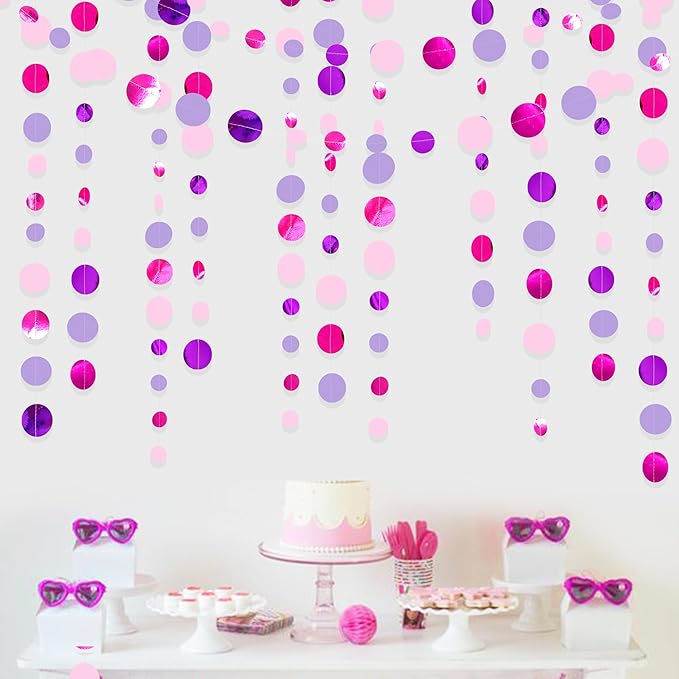 Pink and Purple Party Decorations Circle Dots Garland Hot Pink Lavender Hanging Polka Dot Streamer for Girls Birthday Baby Shower Bridal Shower Wedding Bachelorette Anniversary Party Supplies