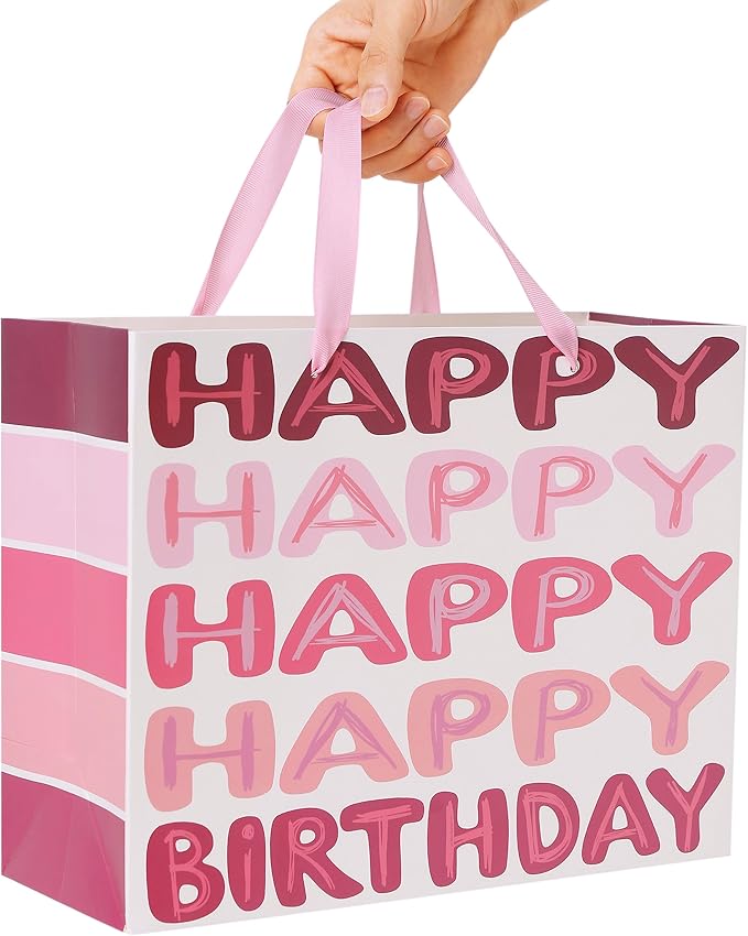 Qirrmiy 13'' Large Pink Happy Birthday Gift Bag Set with Handles, Greeting Card, Tissue Papers and Stickers for Women Girls Kids Teens, Words Design, 1 Pcs