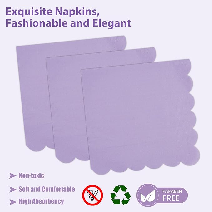 75 PCS Purple Paper Plates and Napkins Party Supplies, Light Purple Scalloped Plates Napkins Forks Disposable Tableware Set for Bridal Baby Shower Wedding Birthday Party Decorations