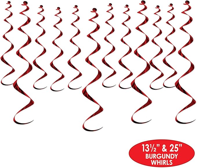Beistle Burgundy Metallic Whirls – 24 Pack Hanging Spiral Decorations in Maroon for Ceiling Displays, Birthday Party Rooms, Graduations, Sporting Events, Team Spirit and School Pride, 13.5" & 25"