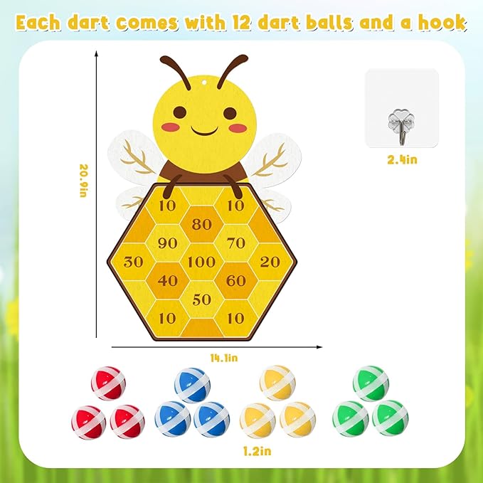 Yquqwn Bee Dart Game for Kids, Cute Bee Toss Game Includes 12 Sticky Balls and Hanging Hook for Birthday Party Games Family Gatherings Indoor Outdoor Activities Gifts
