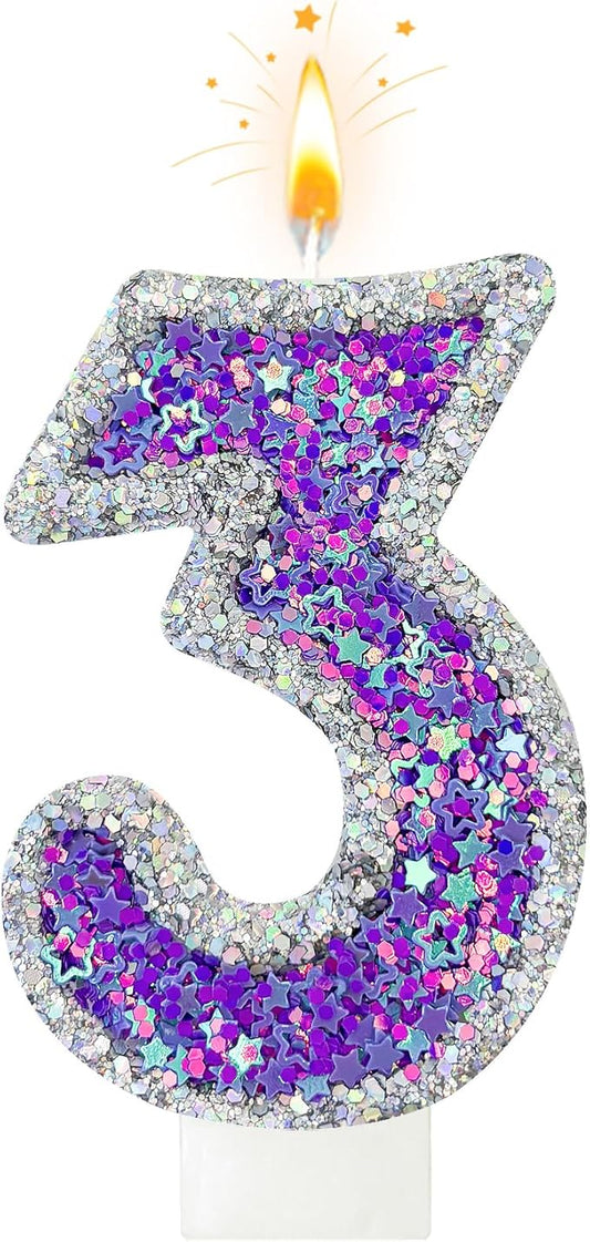 K-pop Number 3 Birthday Candle, Star Glitter Filled Number Candle, Purple Silver Fantasy Cake Topper for Birthday Party Decoration