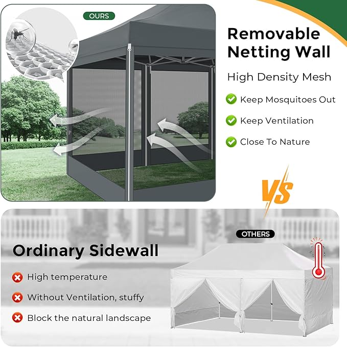 COBIZI 10x15 Heavy Duty Pop Up Canopy with 4 Sidewalls, Easy Set Up Outdoor Commercial Canopy with Mosquito Netting Waterproof Instant Screen Tent for Backyard, Patio, Garden, Gray