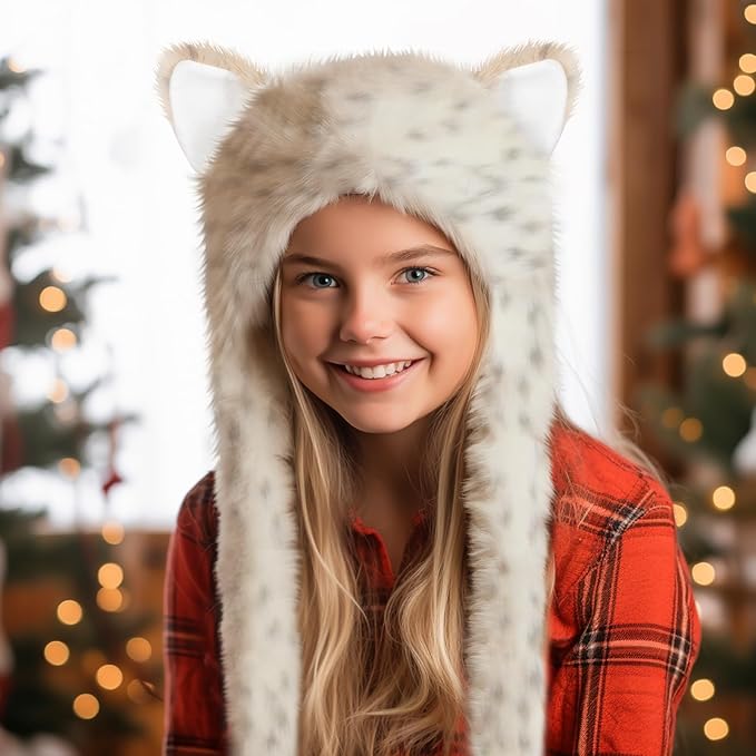 ShellKingdom Plush Novelty Animal Hat,3 in 1 Function Faux Fur Full Animal Hood Hat Winter Warmer Cap