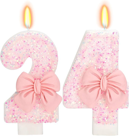 24th Birthday Candles for Cake, Pink Bow Number Cake Candles, 2.76 inch Number Happy Birthday Candle, Cake Topper Decoration for Birthday Party (Number 24)