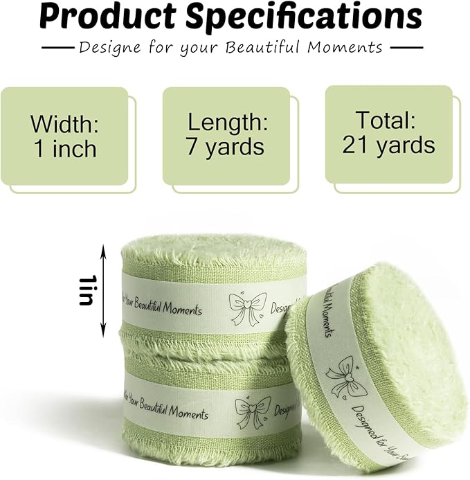 Sage Green Cotton Ribbon 1 Inch Sage Green 3 Rolls 21 Yards Frayed Edge Fabric Set for Wedding Invitations, Bridal Bouquet Wrap, Baby Shower Decor, Garden Party & Gift Wrapping