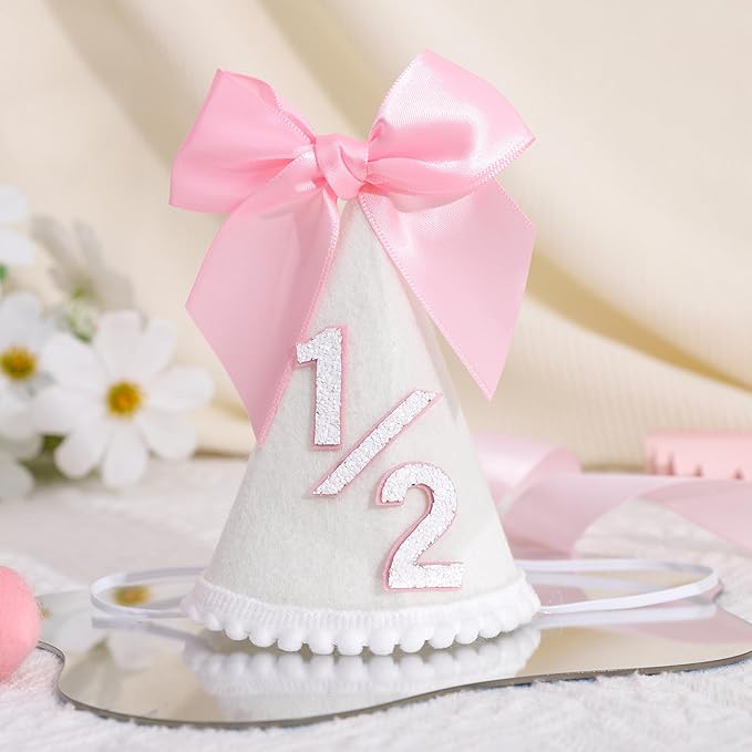 Pink Bow 1/2 Birthday Hat- Pink half Birthday hat, Princess 1st Birthday Supplies,Half Birthday Decorations for Girls