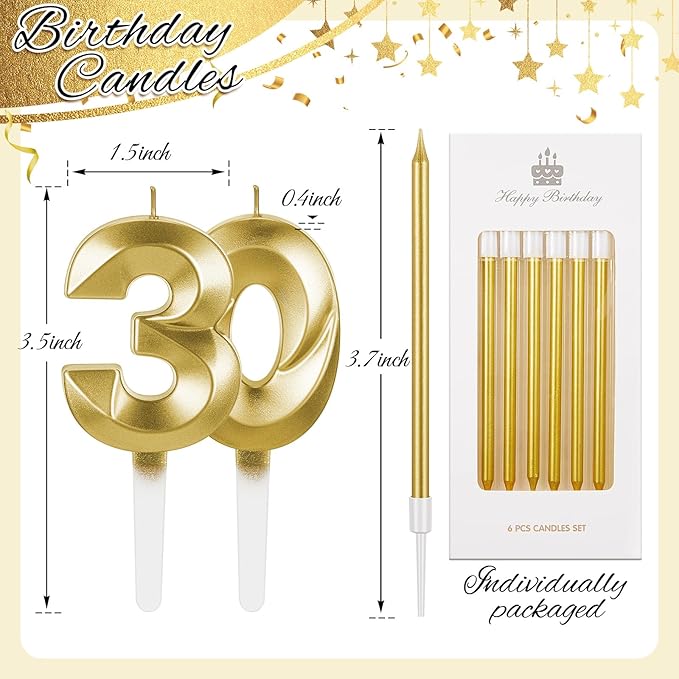 Mtlee Gold 30th Birthday Candles Set for Cakes Including Thin Metallic and Number Birthday Candles for Anniversary Celebration Party Topper Decorations Men Women