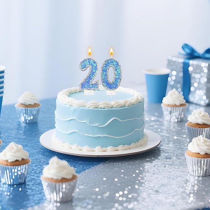 Blue Star Number 2 Candle for Cake Decoration, Glitter Star Cake Topper, Shaker Style Number Candle for Anniversary Celebration Party Supplies