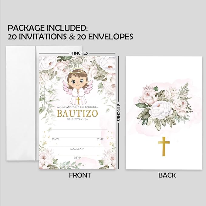 AEHIE 20 Sets Bautizo Baptism Baby Shower Party Shaped Fill-In Invitations With Envelopes, Pink Floral Angel Gold Cross Invitations Cards for Girls, Christening First Holy Communion Party Invites