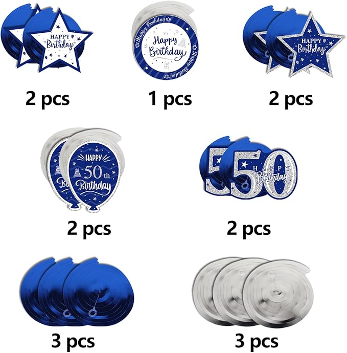 Happy 50th Birthday Blue & Silver Glitter Swirls Streamers Party Decorations - 15 Pcs 50th Birthday Hanging Swirls Streamers Kit,Cheers to Fifty Years Old Bday Party Sign.