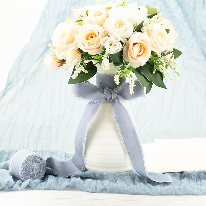 Dusty Blue Cotton Ribbon 1 Inch Dusty Blue 3 Rolls 21 Yards Frayed Edge Fabric Set for Wedding Decor, Bridal Bouquet Wrap, Graduation Party, Gift Wrapping & Spring Wedding