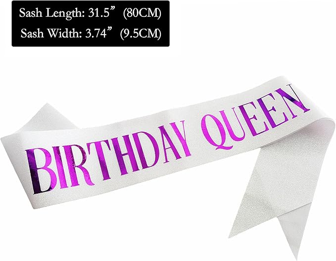 Birthday Queen Sash, Purple Foil Letter Glitter White Birthday Sash for Women 21st 30th 40th 50th 60th Gifts Fun Bday Party Favors Decorations