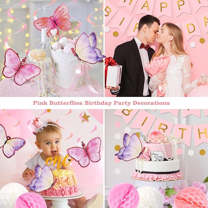 meowtastic Birthday Decorations, Happy Birthday Banner with Honeycomb Balls, Butterfly Hanging Swirl Streamers, Circle Dots Garland, Happy Birthday Party Decorations for Women Men Boys Girls (Pink)
