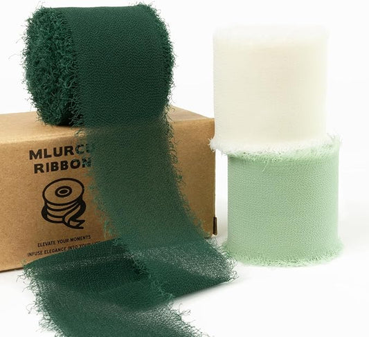 Green Chiffon Ribbon 1.5 Inch x 21Yds Handmade Fringe Chiffon Silk Ribbon Green & Cream Frayed Chiffon Ribbon for Wedding Invitation Flower Bouquets Gift Wrapping Bridal Shower Baby Shower