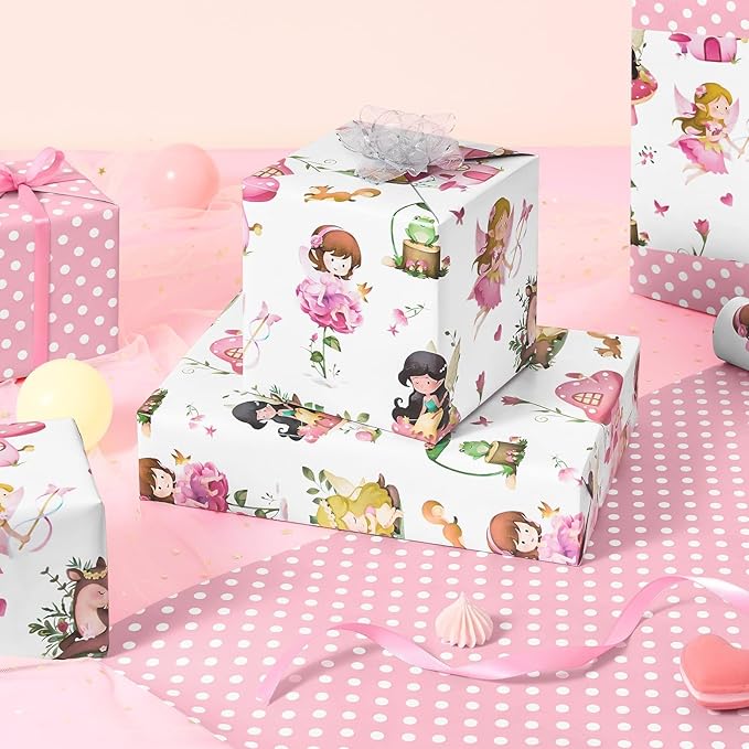 WERNNSAI Fairy Wrapping Paper Roll - 1 Roll 17”x 33 ft Pink Fairy Birthday Wrapping Paper for Girls Reversible Gift Wrap with Polka Dot Design for Birthday Baby Shower Party Favor