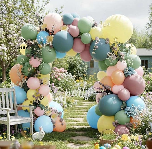 Pink Blue Green Balloon Arch Kit with Artificial Flowers, Double Stuffed Light Baby Yellow Pink Blue Green Pastel Floral Balloon Garland for Baby Shower Wedding Birthday Fairy Spring Tea Party Decor