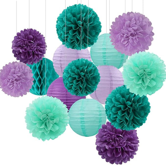 Teal-Purple Party-Decorations Paper Flowers Lanterns - 15PCS Lavender Girl Mermaid-Birthday Tissue Pom Poms Streamers,Baby Bridal Shower Wedding Classroom Hanging Supplies Decor Hugfond