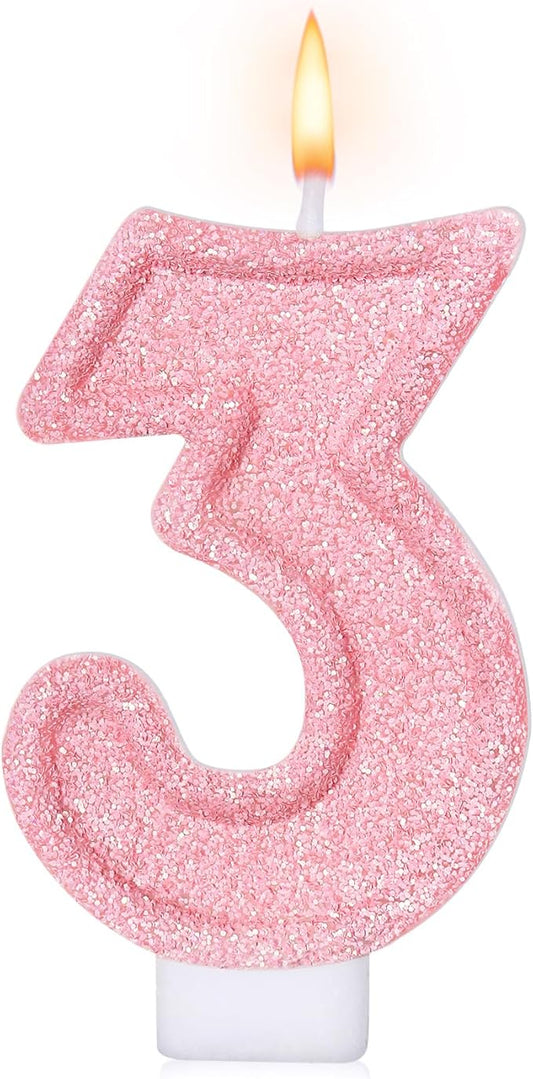 Cute Number 3 Birthday Candle, Glitter Pink Number Candles, Birthday Cake Topper Decoration, Party Supplies Anniversary Celebrations