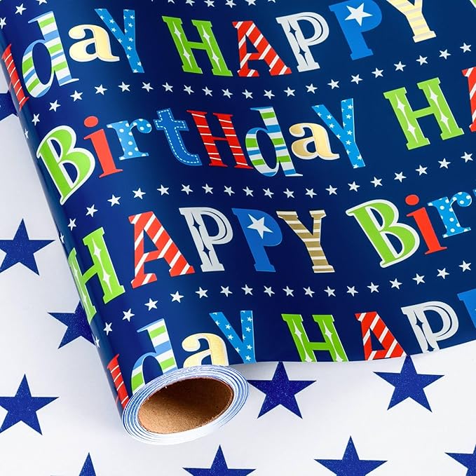 MAYPLUSS Happy Birthday Wrapping Paper Roll - 17 Inch X 16.5 Feet - Metallic Navy Blue Star Birthday Gift Wrapping Paper for Men, Boy, Baby Shower, Holiday