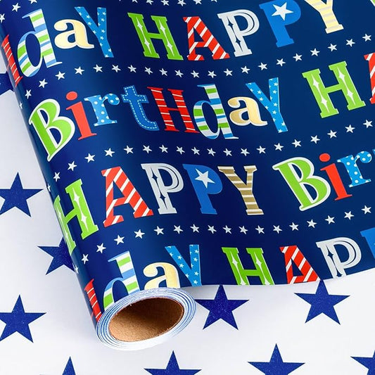 MAYPLUSS Happy Birthday Wrapping Paper Roll - 17 Inch X 16.5 Feet - Metallic Navy Blue Star Birthday Gift Wrapping Paper for Men, Boy, Baby Shower, Holiday