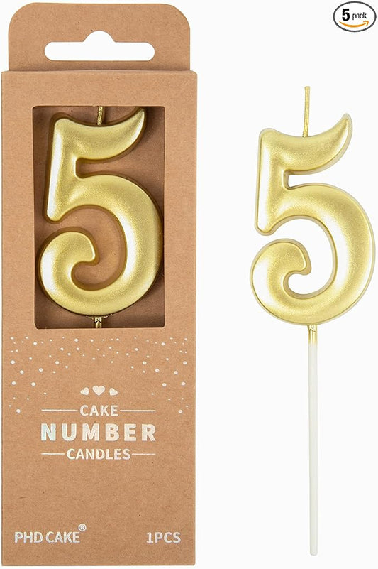 PHD CAKE 2.76 Inch Elegant Gold 5 Number Birthday Candles, Gold Number Candles, Cake Number Candles, Party Celebration