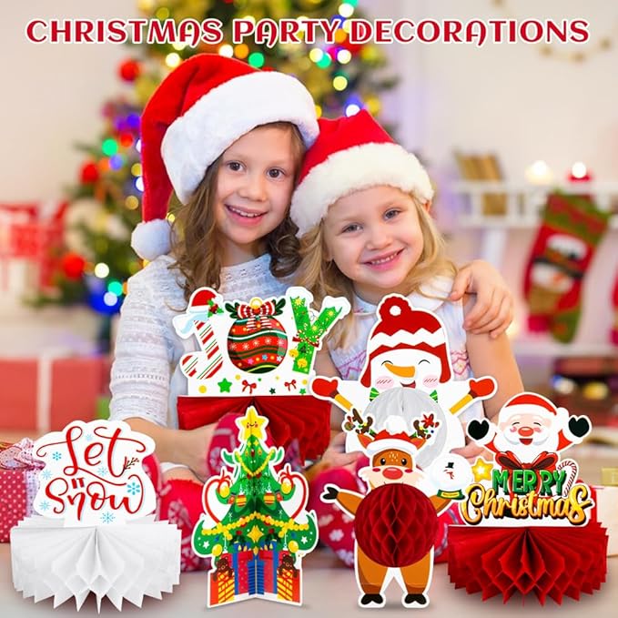 13PCS Christmas Party Decorations, Christmas Honeycomb Centerpieces For Tables, Xmas 3D Table Decorations with Santa Claus Snowman for Merry Christmas Party Supplies Indoor Home Holiday Sign