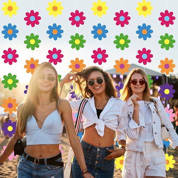 Pasimy 8 Pcs Daisy Boho Party Decorations Groovy Daisy Paper Garlands White Flower Hanging Garland Banner Hippie Flower Cutouts for Birthday Shower Wedding Party Favor Supplies(Tie Dye,Colorful)