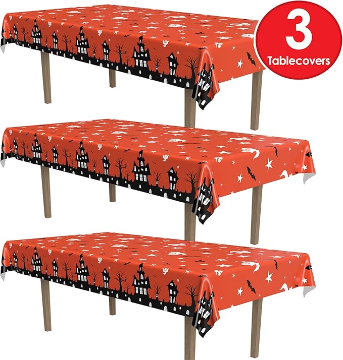 Beistle Haunted House Tablecovers, 54” x 108”, 3 Pieces – Plastic Table Cloth, Rectangular Tablecloth, Halloween Tablecloth, Holiday Tablecloth, Halloween Plastic Tablecloth, Halloween Decorations