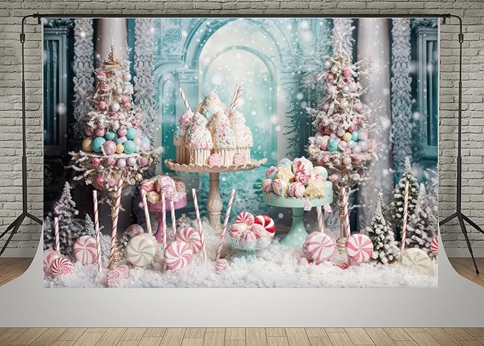 Kate 10x6.5ft Christmas Candy Tree Photography Backdrops Dreamlike Snowflake Ice Cream Cake Cup Christmas Decoration Photo Background Xmas Happy Birthday Party Baby Shower Backgrounds Video