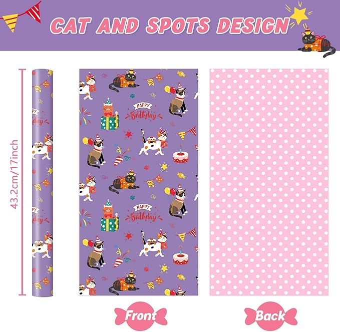WERNNSAI Cat Birthday Wrapping Paper Roll - 1 Roll 17”x 66 ft Reversible Cat Gift Wrap Pink Purple Wrapping Paper for Girls Kids Birthday Party Gift Wrap with Polka Dot Design