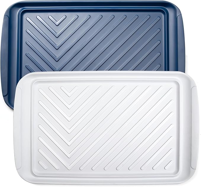 LEHAHA Grilling Prep and Serve Trays, Melamine BBQ Tray for Raw and Cooked Food, Food Serving Platter and plate for Outdoor Party,Large Melamine Serving Platter, Set of 2, 17.2 x 10.5'',Blue and White