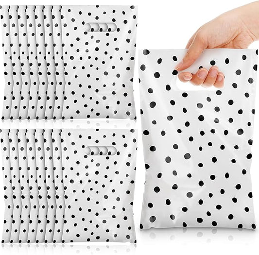 Epakh 100 Pcs Black Polka Dot Gift Bags Bulk Plastic Party Favor Bags with Handles Modern Art Candy Treat Goody Wrapping for Baby Shower Wedding Birthday Party Supplies