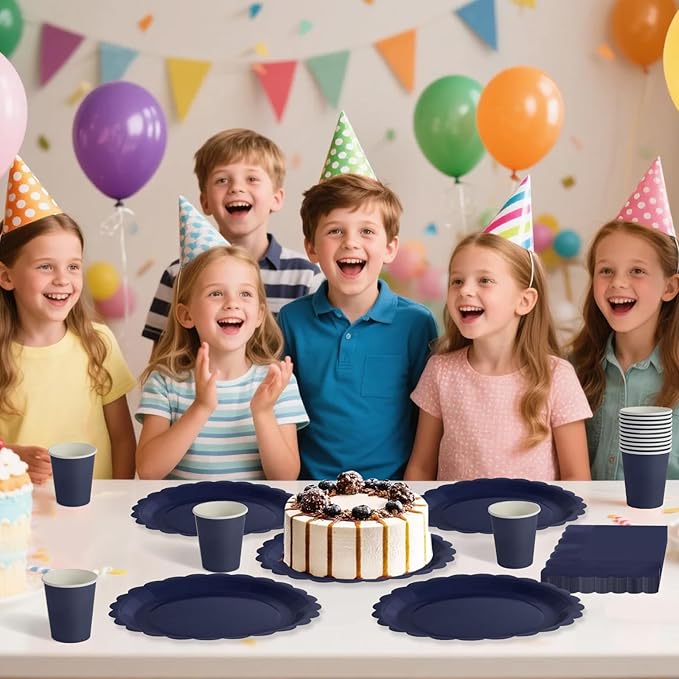 Navy Blue Scalloped Party Plates Set, 120-Piece Disposable Dinnerware for 40 Guests, 7-inch Decorative Edge Plates, Cups & Napkins for Corporate Event, Mens Birthday, BBQ