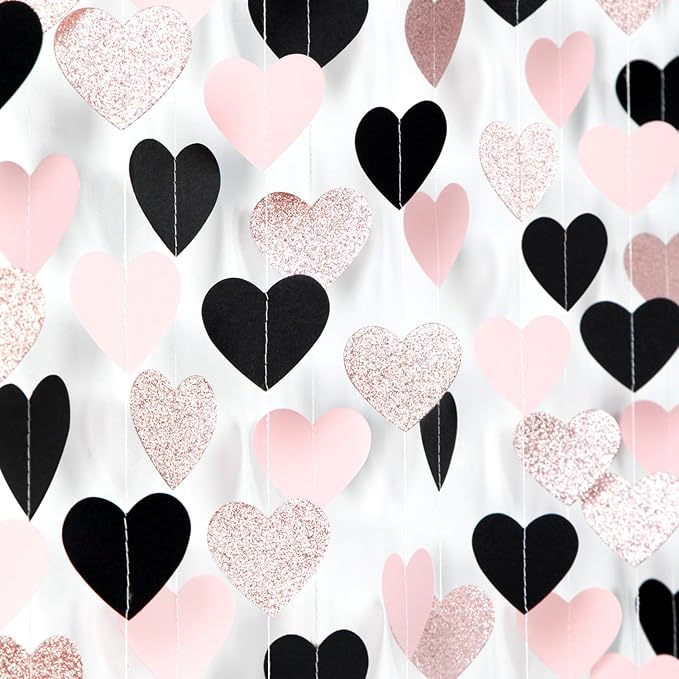 Rose-Gold Black-Pink Valentines Party-Decorations Heart-Garland - 52ft Glitter Galentines Hanging Streamers Banner,Women Romantic Special Night Wedding Birthday Bachelorette Backdrop Decor Burgleda