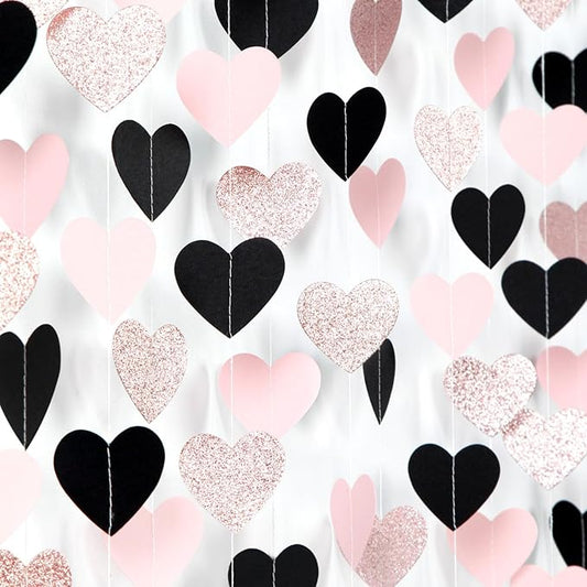 Rose-Gold Black-Pink Valentines Party-Decorations Heart-Garland - 52ft Glitter Galentines Hanging Streamers Banner,Women Romantic Special Night Wedding Birthday Bachelorette Backdrop Decor Burgleda