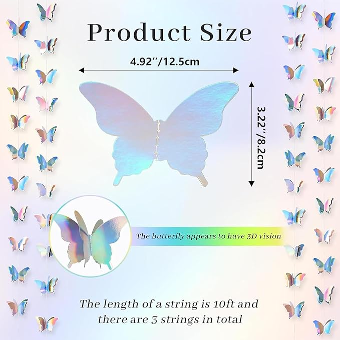 jijAcraft Butterfly Hanging Garlands - Iridescent 3D Paper Butterflies, 3 Packs for Birthday, Baby Shower, Wedding & Party Decorations (30ft)