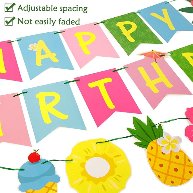 SUNBEAUTY Hawaiian Happy Birthday Banner Tropical Luau Party Birthday Flamingo Pineapple Palm Leaf Banner for Summer Birthday Party Decorations Supplies | Pre-Strung
