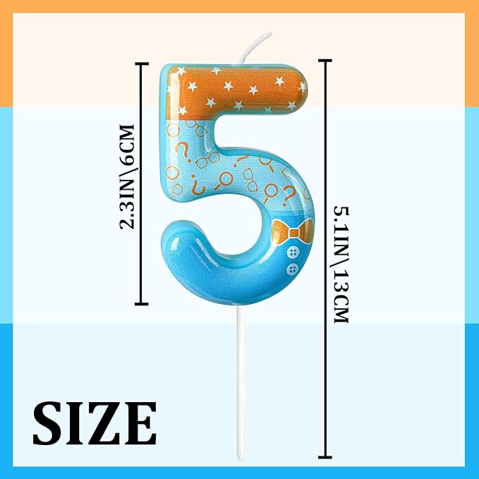 Number 5 Birthday Candle for Cake – Blue Cartoon Outfit Style with Bow Tie, Question Mark & Star Pattern – Fun Cake Topper Decoration for Celebration
