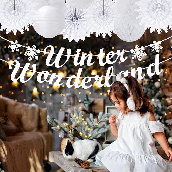 Winter-Wonderland Christmas-Snowflake White Party-Decorations - 21pcs Wedding Baby Shower Snow Banner,Paper Lanterns Honeycomb Streamers,Tissue Pom Poms Flower Fan,Classroom Hanging Decor Huglony