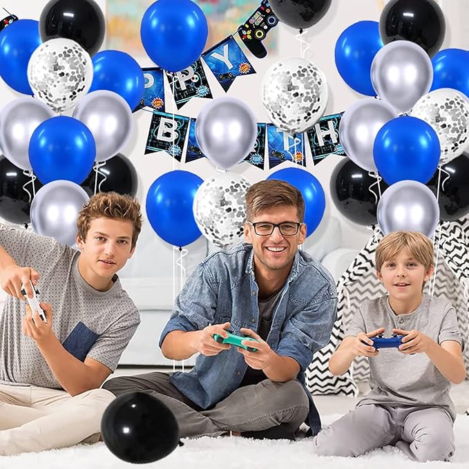 Royal Blue, Black, Metallic Silver Balloons Set - 122PCS Royal Blue and Black Balloons Arch Garland for Video Gaming Boy Birthday Men 30th 40th 50th Birthday Retirement Graduation Party Decorations
