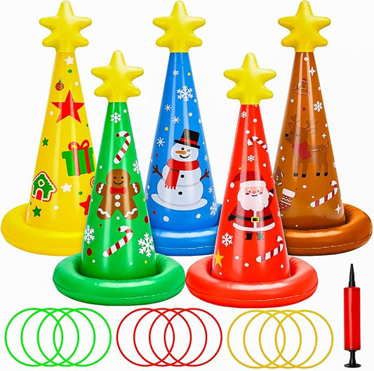 5 Pack Inflatable Christmas Ring Toss Game Set Holiday Party Supplies Indoor Outdoor Family Christmas Games for Kids Adults Xmas Party Decorations Carnival Games with Toss Rings and Pump