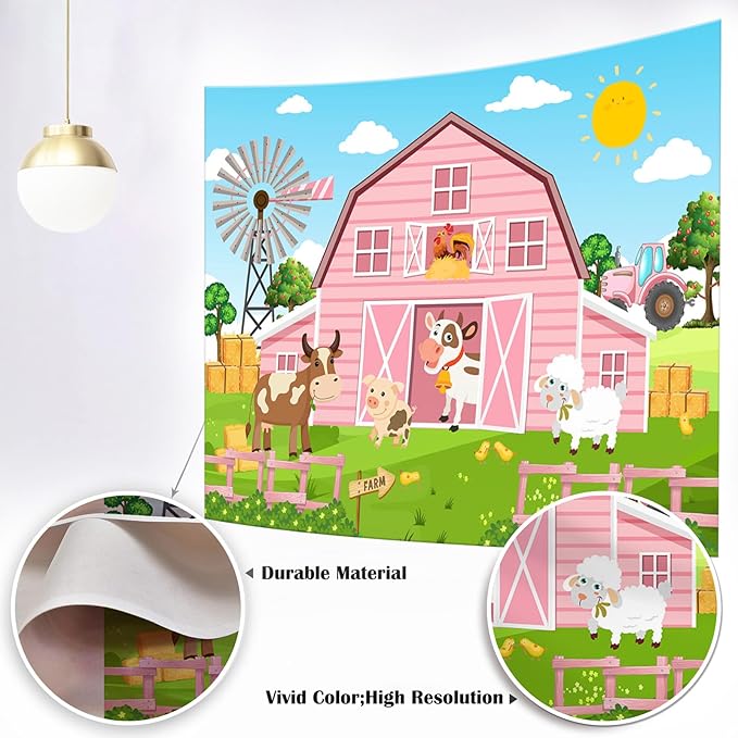 Mocsicka Pink Farm Barn Backdrop Large Cartoon Farm Animals Birthday Paty Decorations for Girls Farm Theme Birthday Cake Table Banner Photography Background (Pink, 8x6ft(96"x72"))