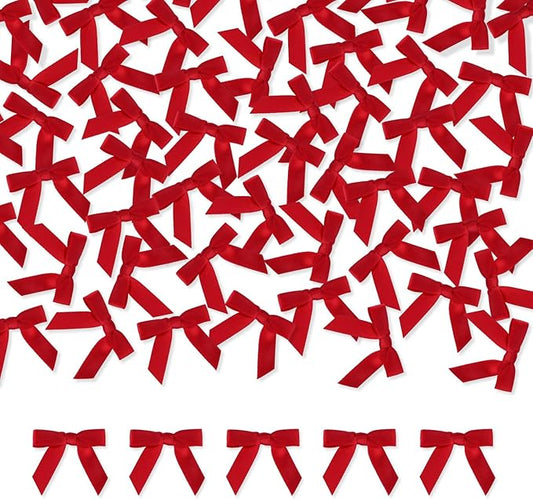 Meseey 100 Pcs 1.5 Inches Premade Craft Bows Self Adhesive Red Satin Ribbon Bows for Treat Bags Gift Wrapping Basket Wedding Baby Shower Brithday Party(Red)