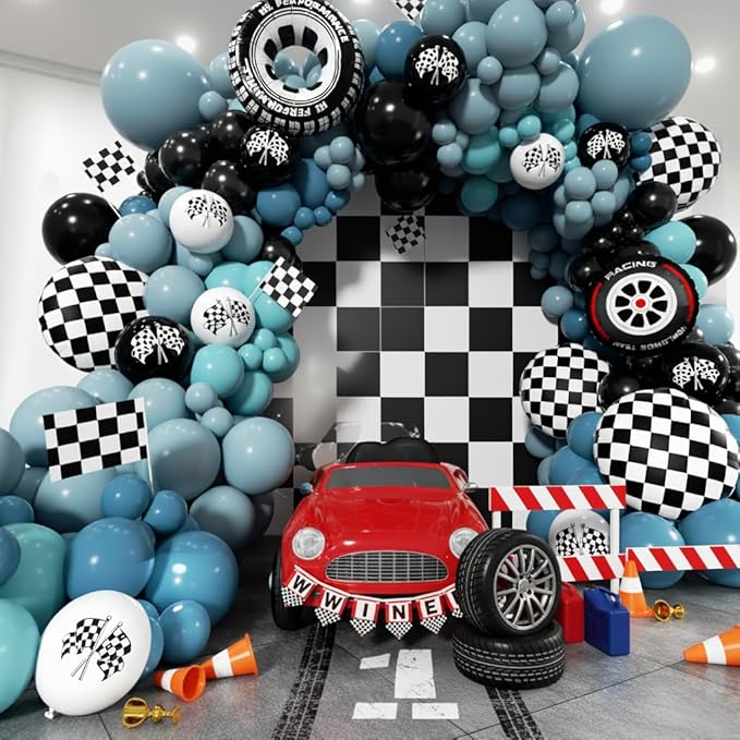 Race Car Balloon Arch Kit - 175Pcs Different Size Balloons Tire Flags Checkered Black Blue White Balloon Garland Kit for Racing Car Two Fast 2nd Theme Birthday Anniversary Party Decorations