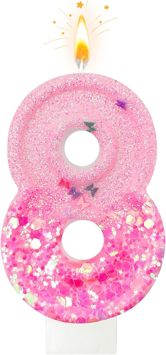Pink Sequin Birthday Candles, Cake Number Candles, Girls 0th Birthday Decorations, Suitable for Birthday Parties, Anniversary Party Decorations(8)
