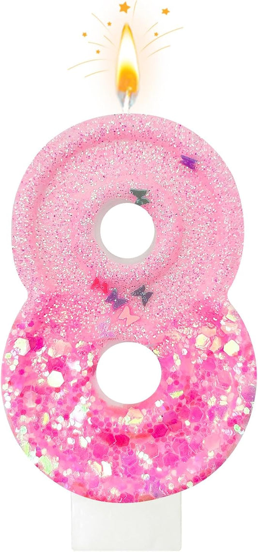 Pink Sequin Birthday Candles, Cake Number Candles, Girls 0th Birthday Decorations, Suitable for Birthday Parties, Anniversary Party Decorations(8)