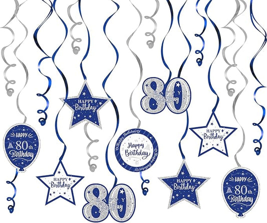 Happy 80th Birthday Blue & Silver Glitter Swirls Streamers Party Decorations - 15 Pcs 80th Birthday Hanging Swirls Streamers Kit,Cheers to Eighty Years Old Bday Party Sign.